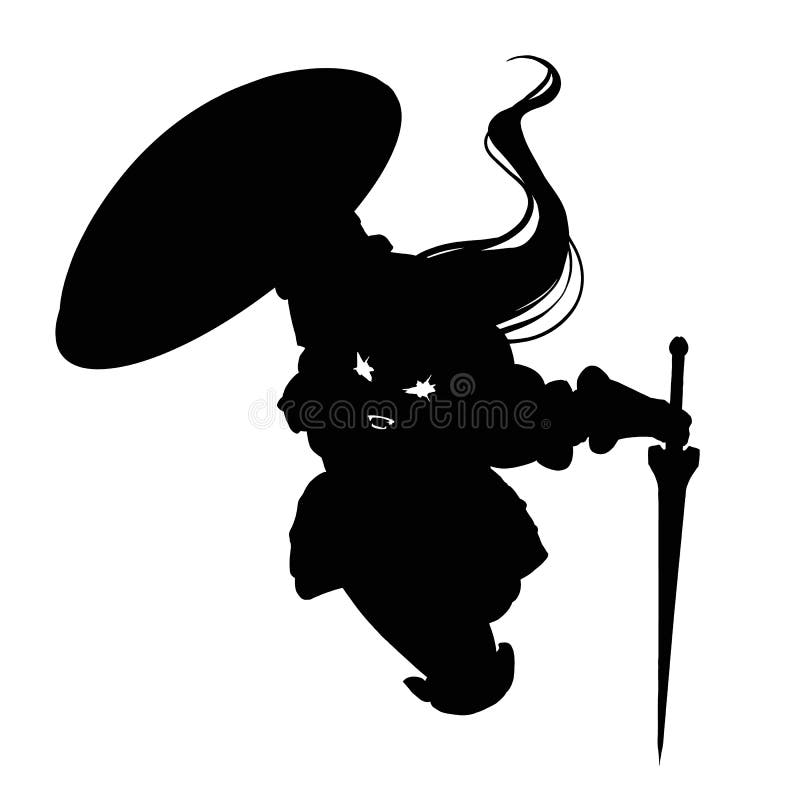 The silhouette of an ominous vampire knight with a shield and sword, long hair and a malicious smile rushing to the attack. 2D illustration