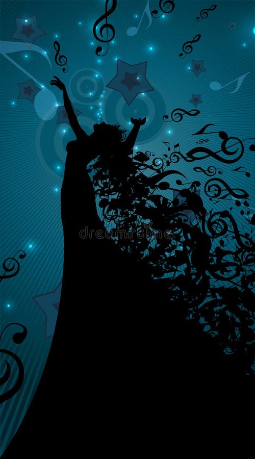Silhouette of Opera Singer with Hair Like Musical stock illustration