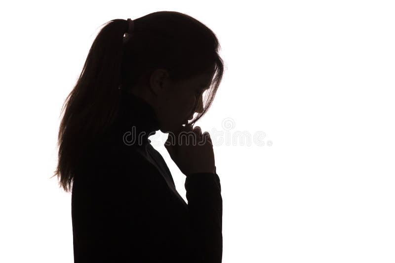 Silhouette of a Pensive Sad Girl with Hand Under Chin , Young Woman on  White Isolated Background Thinking about Problem Stock Image - Image of  attractive, caucasian: 184192523