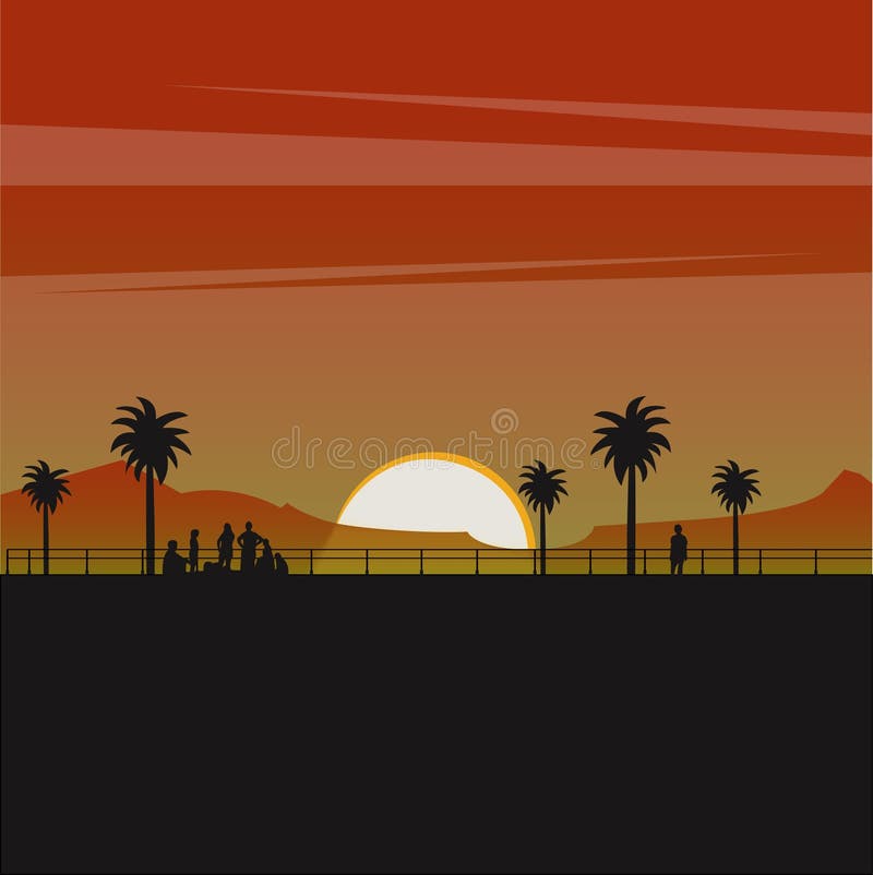 Silhouette of peoele and tree on the beach with a beautiful sunset vector illustration Silhouette of peoele and tree on the beach with a beautiful sunset vector illustration