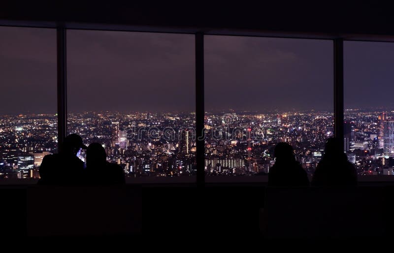 Silhouette people, downtown cityscape,, building and architecture from tower window view