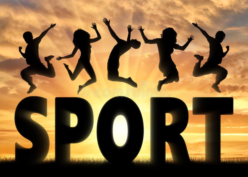 Silhouette people jumping over the word sport