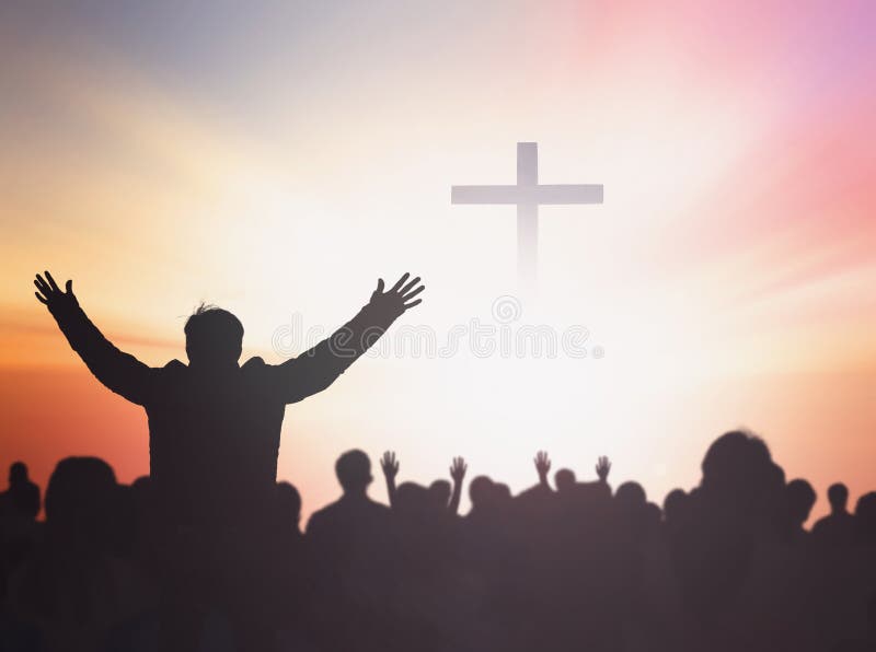 Silhouette people raising hands over blurred the cross on beautiful golden autumn sky sunset background royalty free stock photos Silhouette people raising hands over blurred the cross on beautiful golden autumn sky sunset background royalty free stock photos