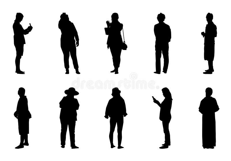 Silhouette People Stand Set, Black Men and Women Vector on White