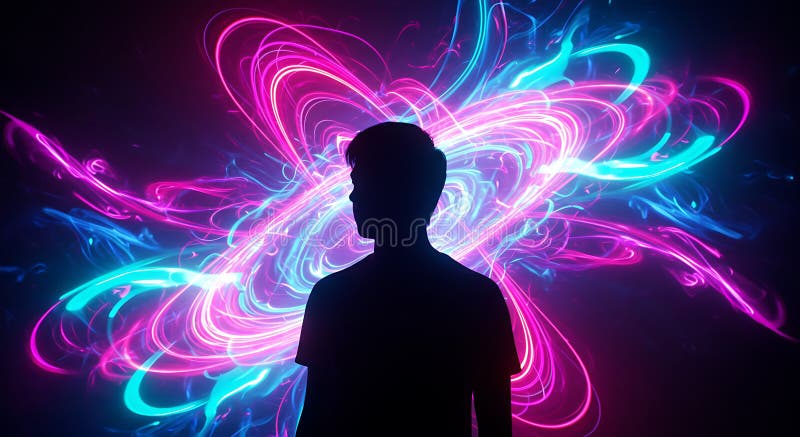 A silhouette of a person appears in front of a vibrant, swirling background of neon stock illustration