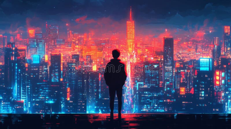 Silhouette of a Person Contemplating a Futuristic Cityscape at Night vector illustration
