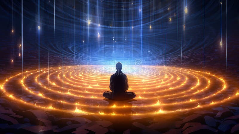 Silhouette of a person meditating inside a glowing circle of light. Spiritual practice. Generative AI royalty free illustration