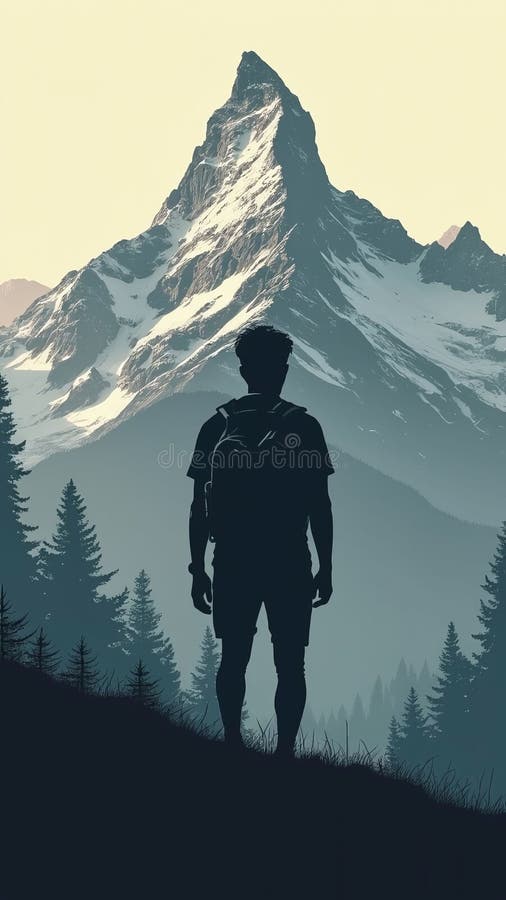 Silhouette of a person with mountain peaks representing high goals vector illustration