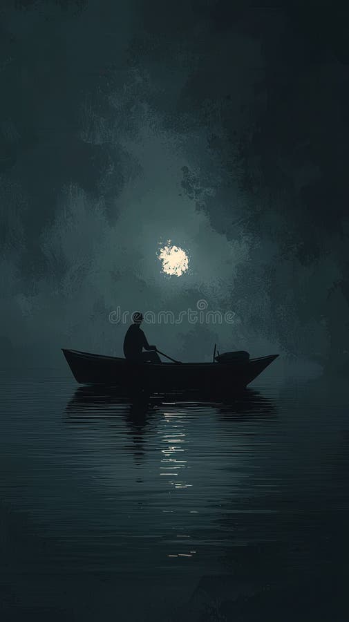 Silhouette of person rowing under moonlit night sky royalty free stock photos