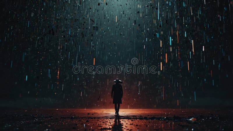 Silhouette of a person standing in colorful digital rain with an umbrella in a dark setting stock illustration