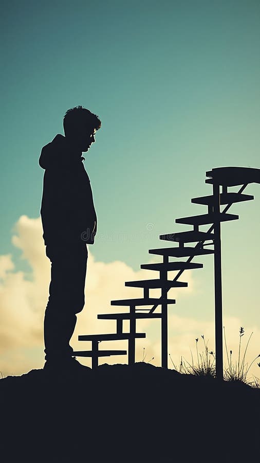 Silhouette of a person with upward staircases representing ambition vector illustration