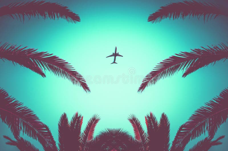 Silhouette of plane taking off and tropical palm trees on turquoise background. Air travel and recreation in tropics.