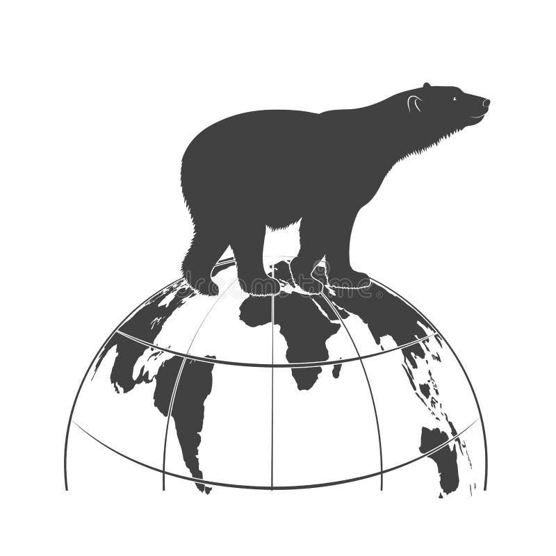 Silhouette a polar bear goes on the globe