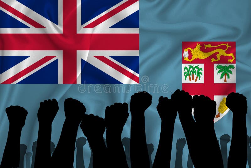 Silhouette of raised arms and clenched fists on the background of the flag of Fiji. The concept of power,  conflict. With place royalty free illustration