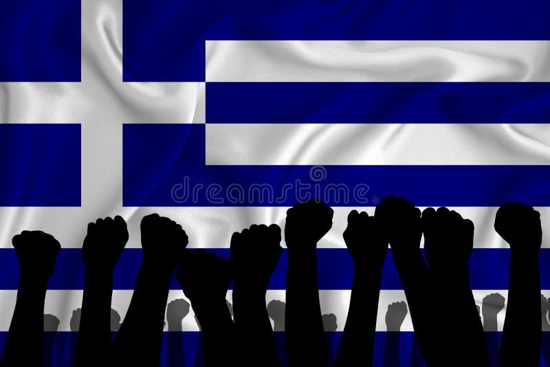 Silhouette of raised arms and clenched fists on the background of the flag of Greece. The concept of power, power, conflict. With royalty free stock photo