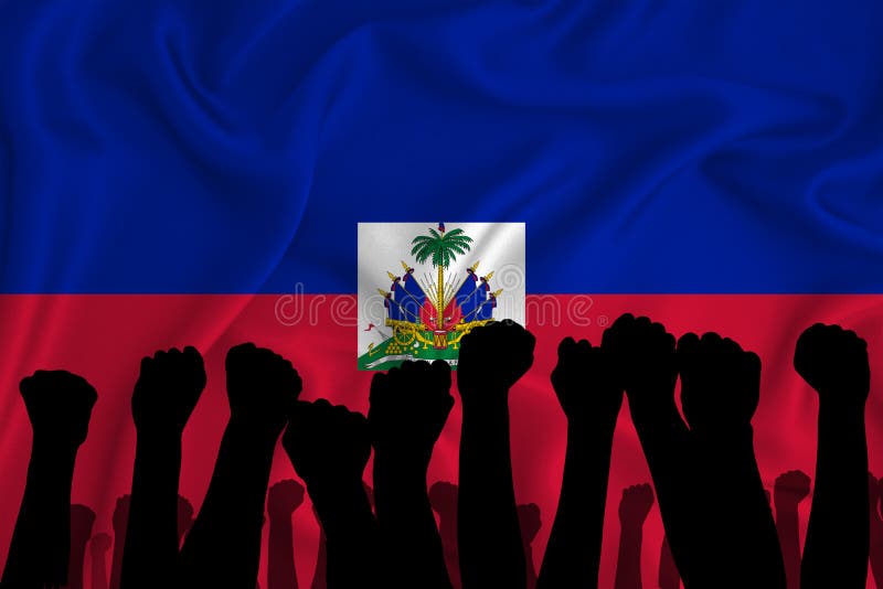 Silhouette of raised arms and clenched fists on the background of the flag of haiti. The concept of power,  conflict. With place vector illustration