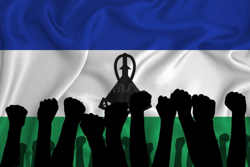 Silhouette of raised arms and clenched fists on the background of the flag of  lesotho. The concept of power,  conflict. With vector illustration