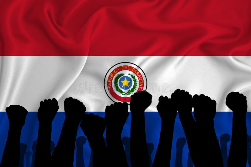 Silhouette of raised arms and clenched fists on the background of the flag of Paraguai. The concept of power,  conflict. With stock illustration