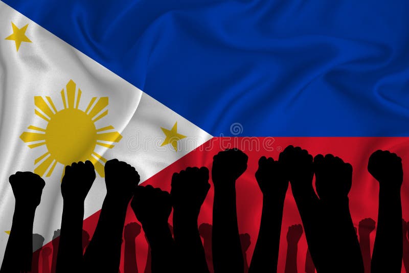 Silhouette of raised arms and clenched fists on the background of the flag of Philippines. The concept of power,  conflict. With stock illustration