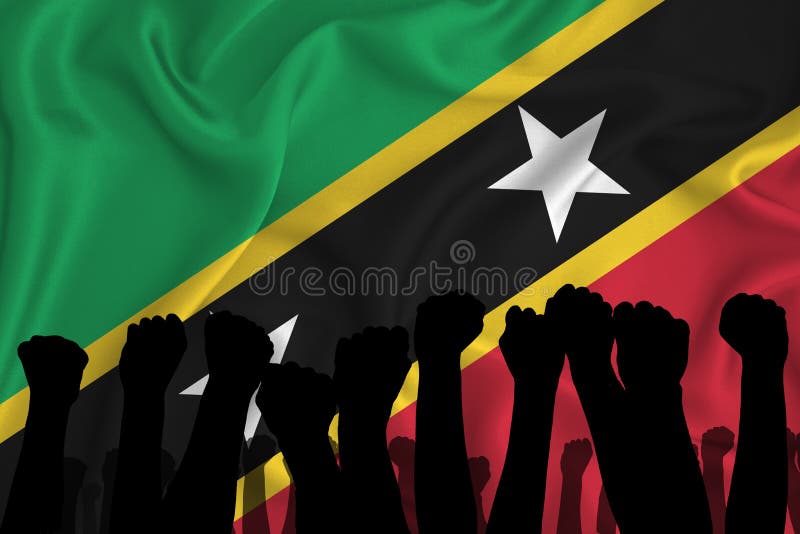 Silhouette of raised arms and clenched fists on the background of the flag of saint kitts. The concept of power,  conflict. With royalty free illustration