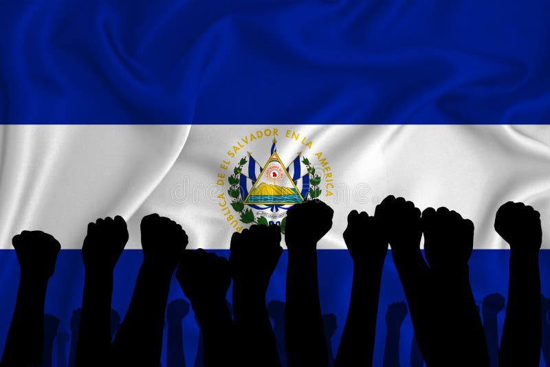 Silhouette of raised arms and clenched fists on the background of the flag of Salvador. The concept of power,  conflict. With stock illustration