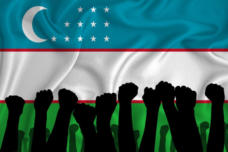 Silhouette of raised arms and clenched fists on the background of the flag of Uzbekistan. The concept of power,  conflict. With stock illustration