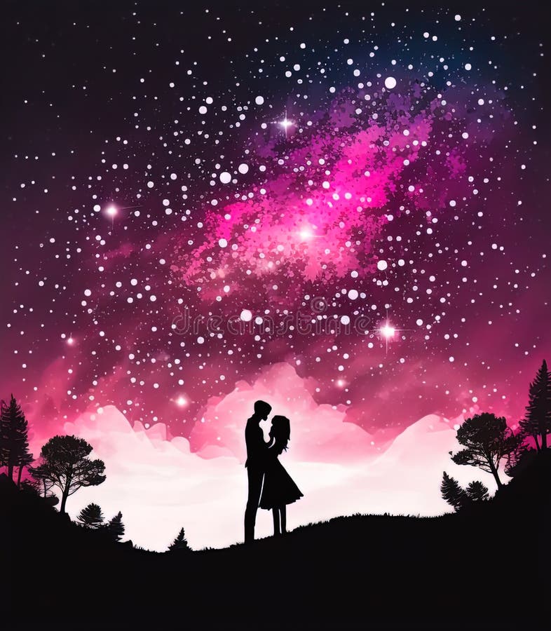 Silhouette of a Romantic Couple Embracing Against the Starry Night Sky ...