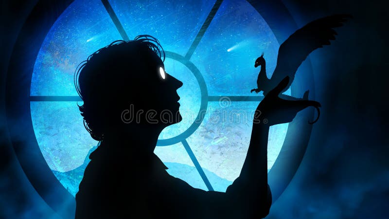 The silhouette of a scientist, he tremblingly holds a miniature cute dragon in his hands, which sits on his palm, against the stock illustration