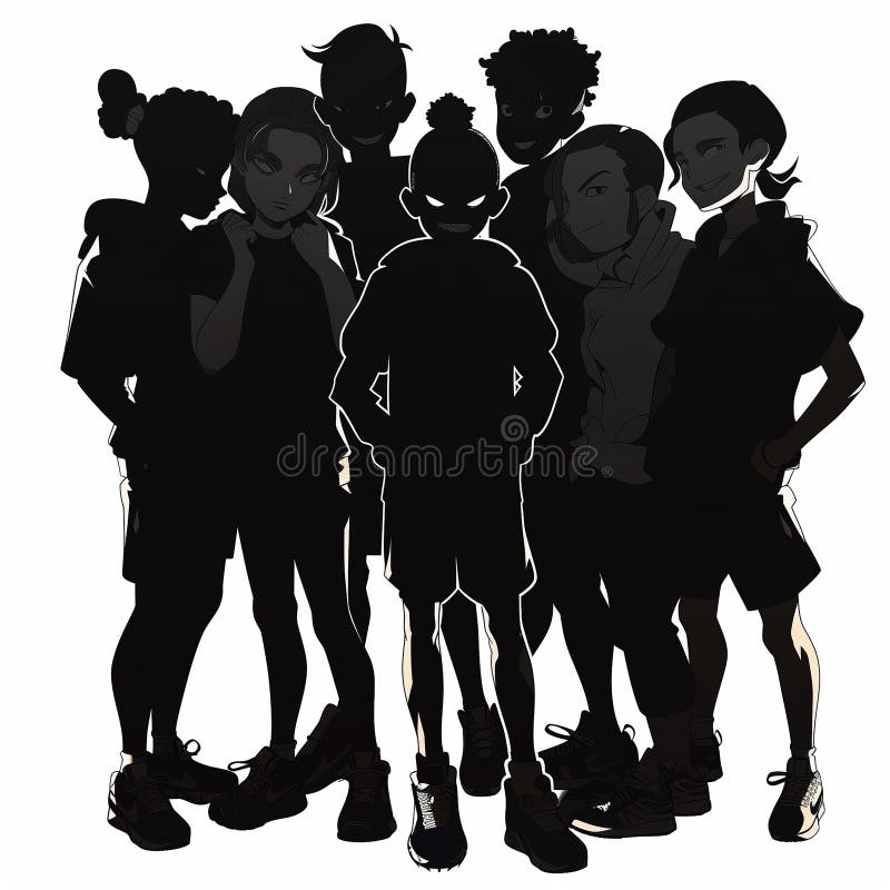 Silhouette scura di un gruppo di adolescenti isolati su bianco. illustrazione vettoriale