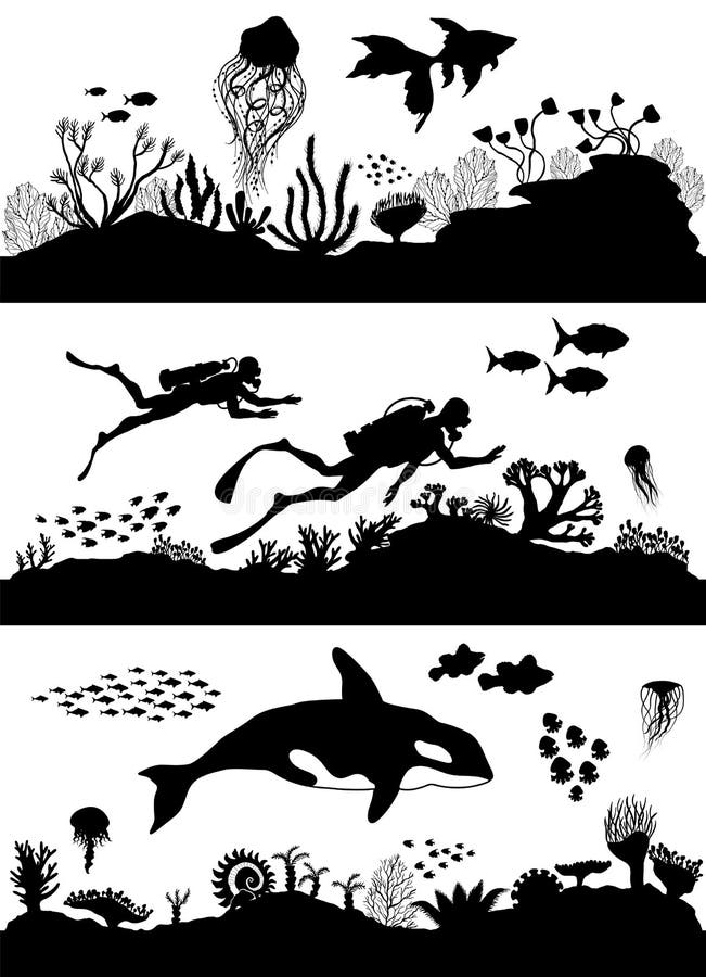 Silhouette of sea coral reef, oceanic diving set royalty free illustration