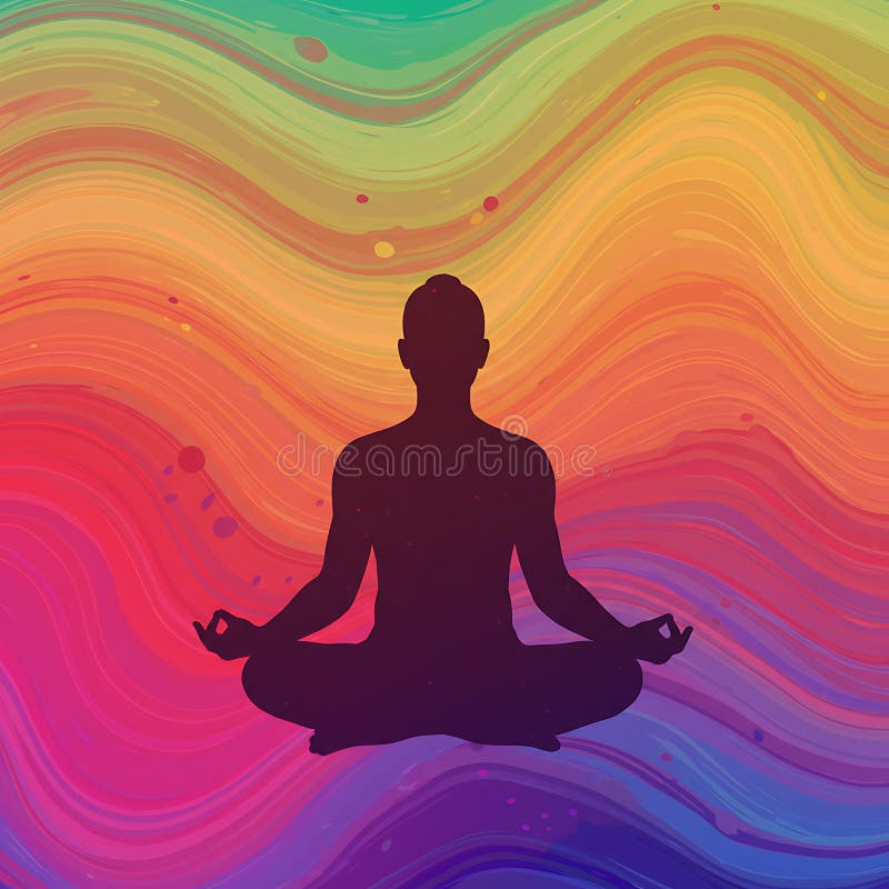 Silhouette of a seated person meditating against a vibrant, swirling rainbow royalty free illustration