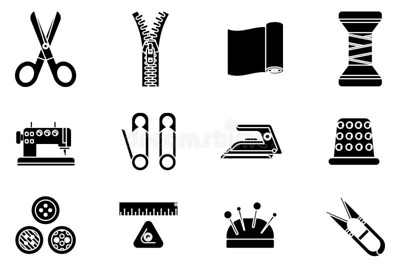 Silhouette sewing tools cloth tailoring craft sew fashion hobby flat design isolated isolated icons set vector vector illustration Silhouette sewing tools cloth tailoring craft sew fashion hobby flat design isolated isolated icons set vector vector illustration