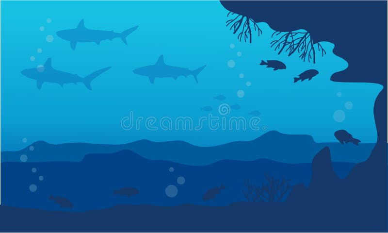 Silhouette of Shark and Reef Landscape Underwater Stock Vector