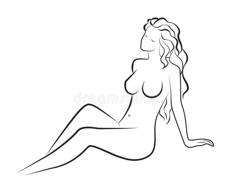 Silhouette Of Sitting Beautiful Nude Woman Natural Beauty Line Sketch