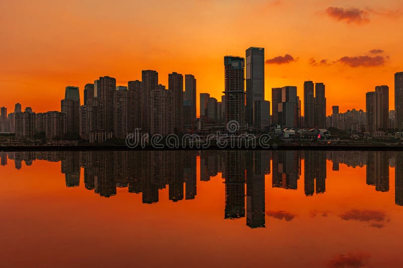 Silhouette of skyline of Chongqing city with reflection, China