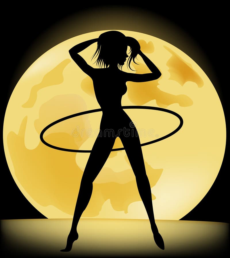 Silhouette of a slender woman doing exercises with hula-hoop stock illustration