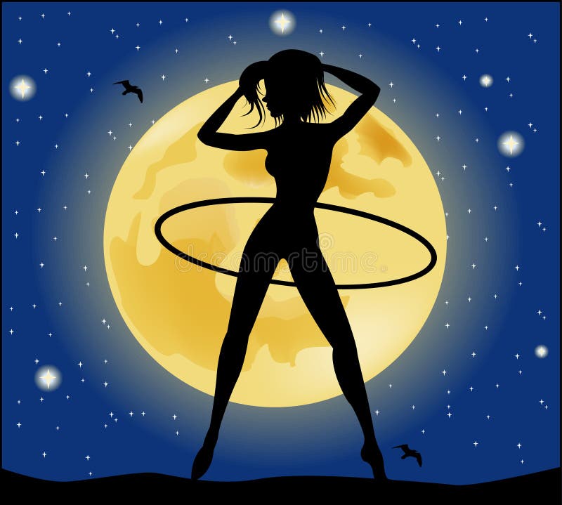 Silhouette of a slender woman doing exercises with hula-hoop stock illustration