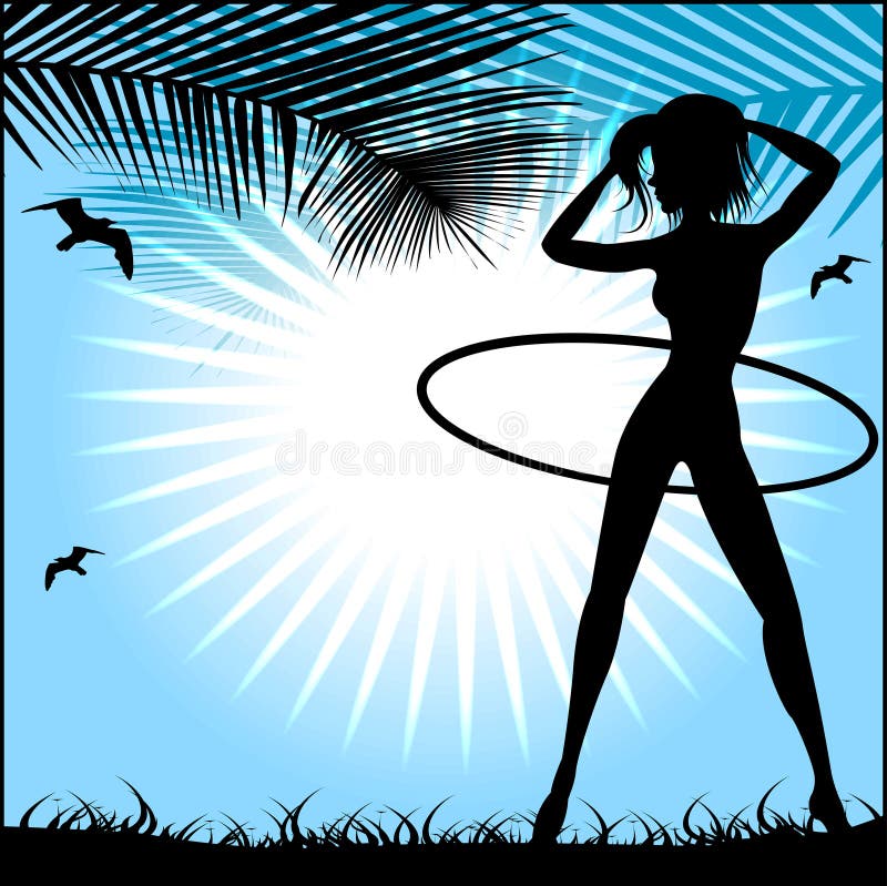 Silhouette of a slender woman doing exercises with hula-hoop vector illustration