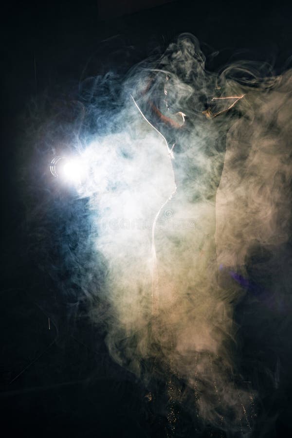 Silhouette of a slim, artistic girl wearing an elegant evening dress in theatrical fog. Sensual, conceptual and fashionable design stock photo Silhouette of a slim, artistic girl wearing an elegant evening dress in theatrical fog. Sensual, conceptual and fashionable design stock photo