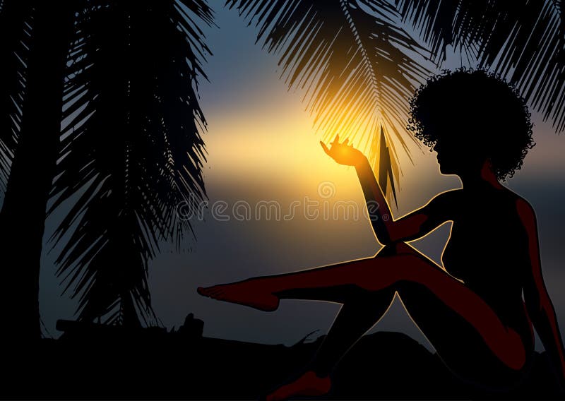 Silhouette-smal kvinna som relaxar på havsstranden vid solnedgången Palmträd omkring vektor illustrationer