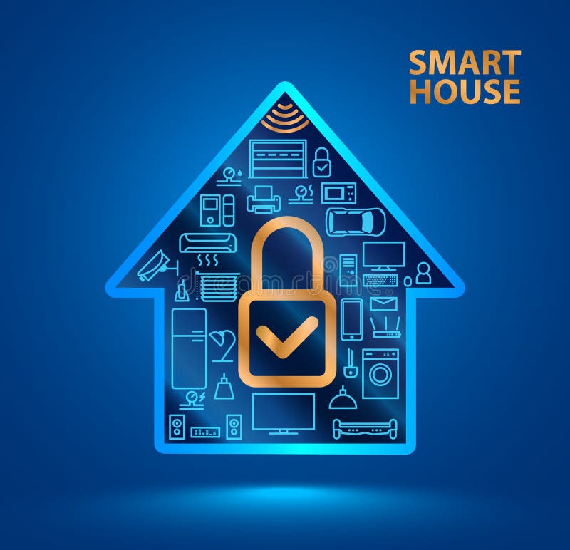 Silhouette smart home with icons of household appliances. Сlosed lock icon. The Internet of things. Iot. Security system stock illustration