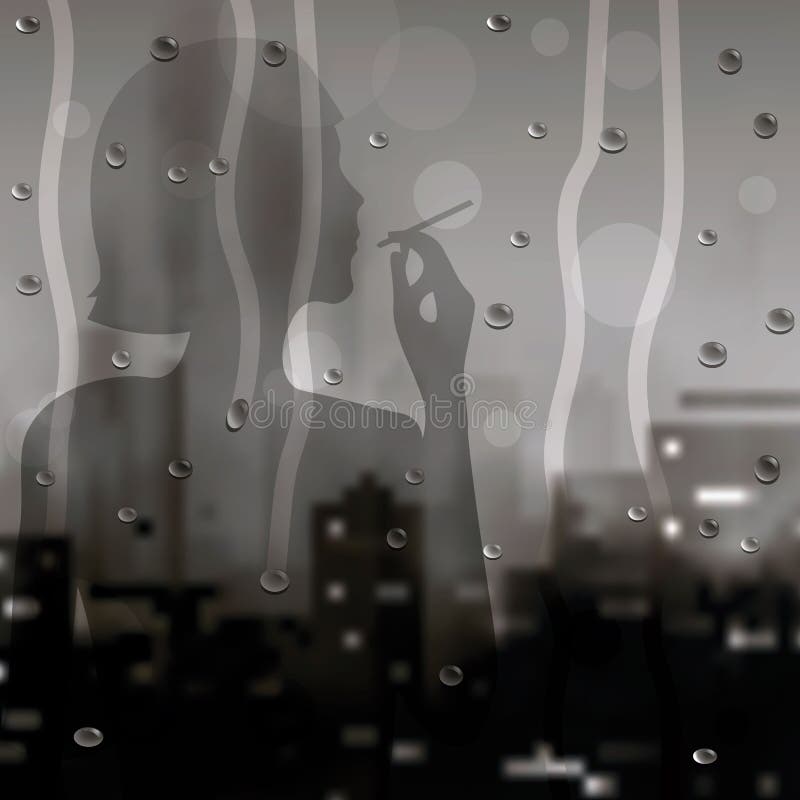 Silhouette of a smoking girl in the window with raindrops on the background of the cityscaperain. drops on glass with blurry stock illustration Silhouette of a smoking girl in the window with raindrops on the background of the cityscaperain. drops on glass with blurry stock illustration