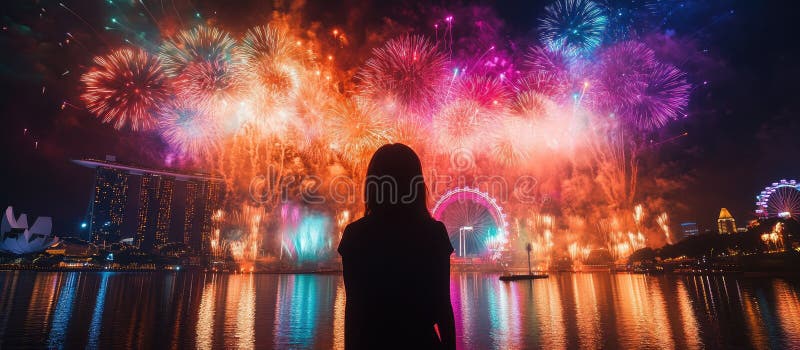 Silhouette solitaire dans l'émerveillement des feux d'artifice éblouissants sur le paysage urbain reflétant dans l'eau illustration stock