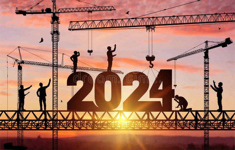 Silhouette staff works as a to prepare to welcome the new year 2024. Construction team sets numbers for New Year 2024. Large