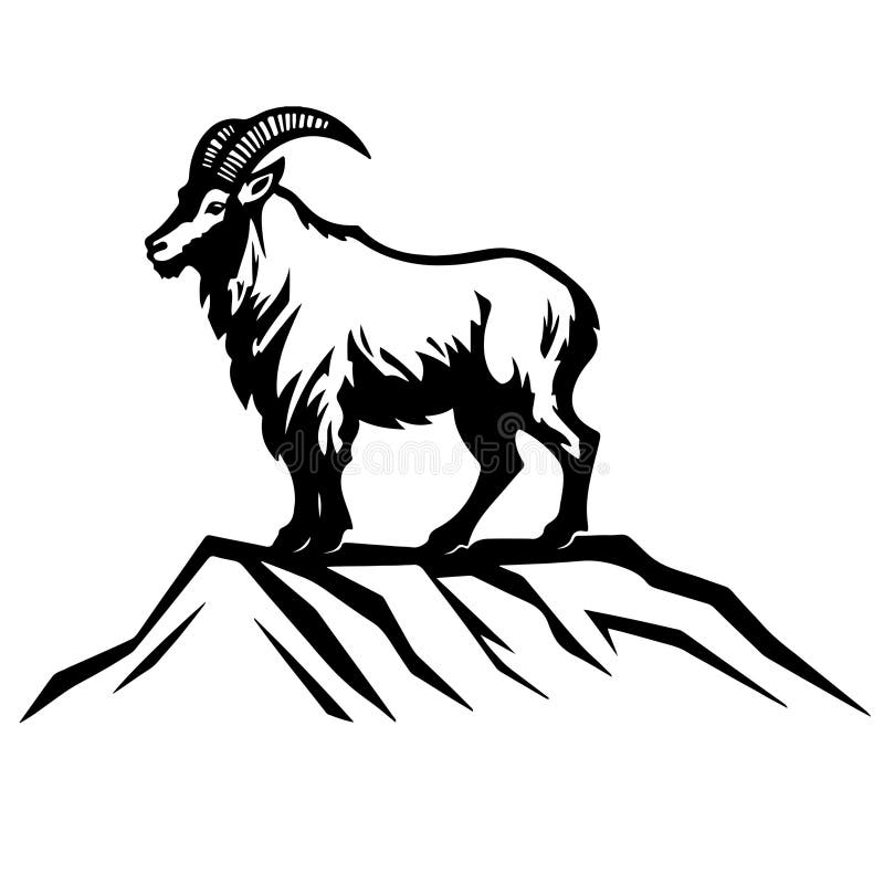 Silhouette stylisée audacieuse d'une chèvre de montagne majestueuse debout sur un pic rocheux représentant la force. illustration de vecteur
