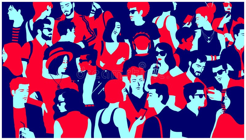 Silhouette stylisée de la foule du groupe mixte de personnes traînant, de causerie et potable illustration plate minimale de vect illustration stock Silhouette stylisée de la foule du groupe mixte de personnes traînant, de causerie et potable illustration plate minimale de vect illustration stock