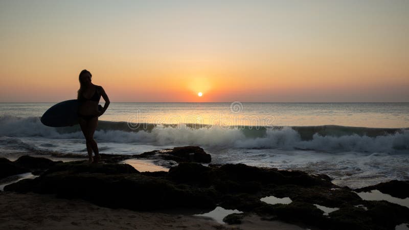 Happy Surfer Girl with Surfboard Standing at the Beach and Laughing ...