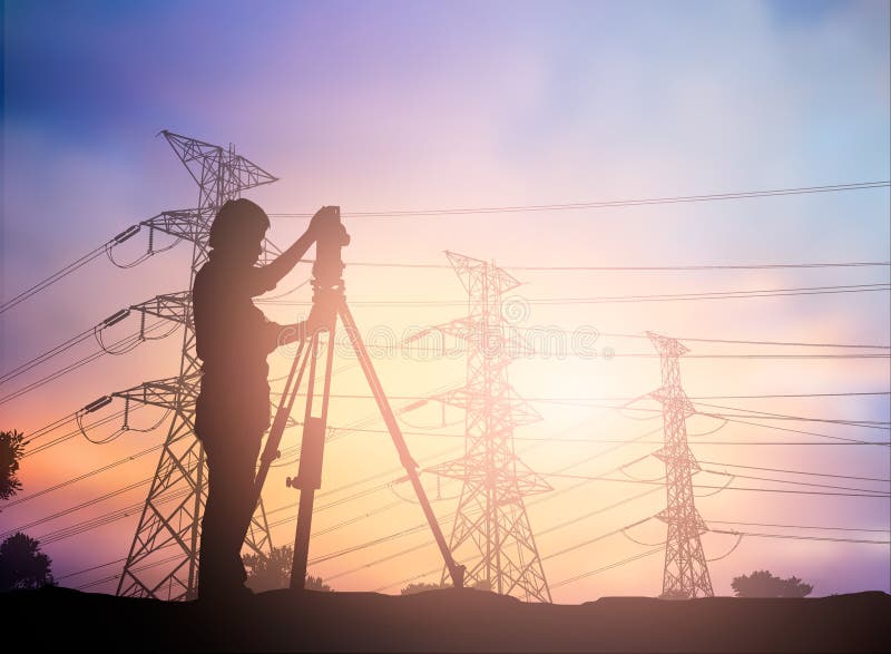 Silhouette survey engineer working in a building site over Blur