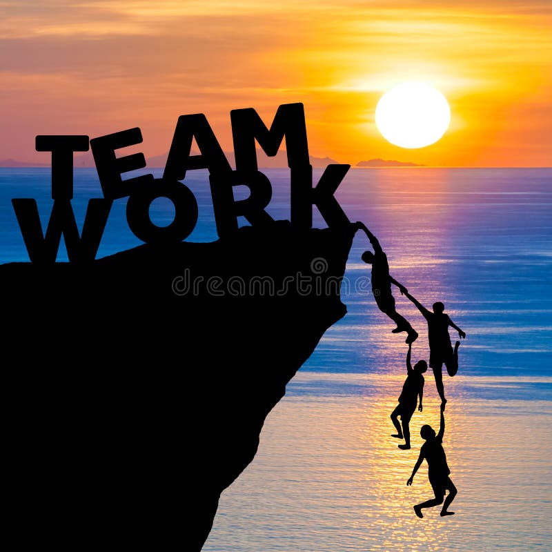 Silhouette teamwork of people climbs into cliff to reach the word TEAM WORK with sunrise