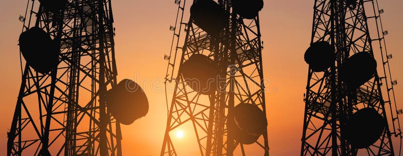 Silhouette, telecommunication towers with TV antennas and satellite dish in sunset, panorama composition stock images Silhouette, telecommunication towers with TV antennas and satellite dish in sunset, panorama composition stock images